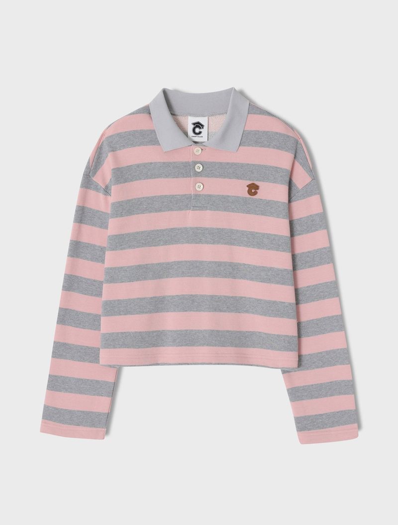 CONCEPT COLLEGE（コンセプトカレッジ）の「Stripe Rugby Sweat Cropped Collar T-shirt / Pink-Gray [Women]（Tops）」