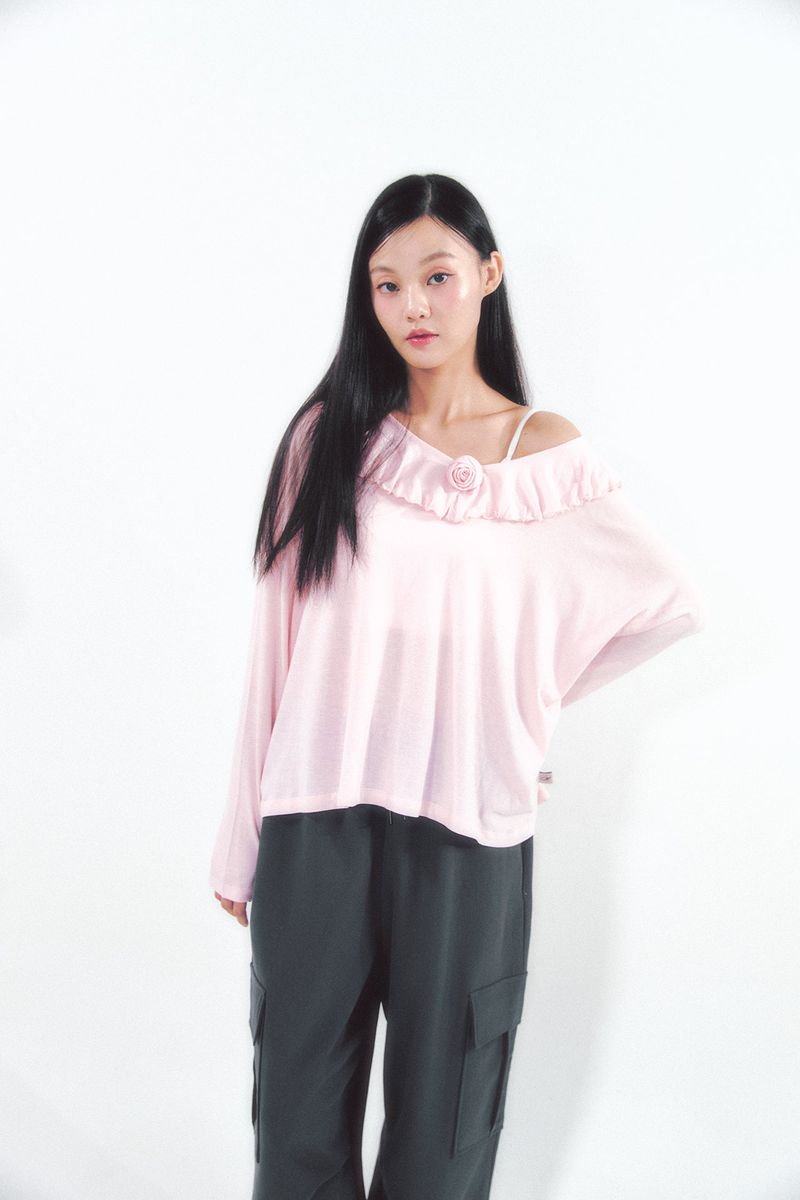 Rose Brooch Frill Long Sleeve Pink