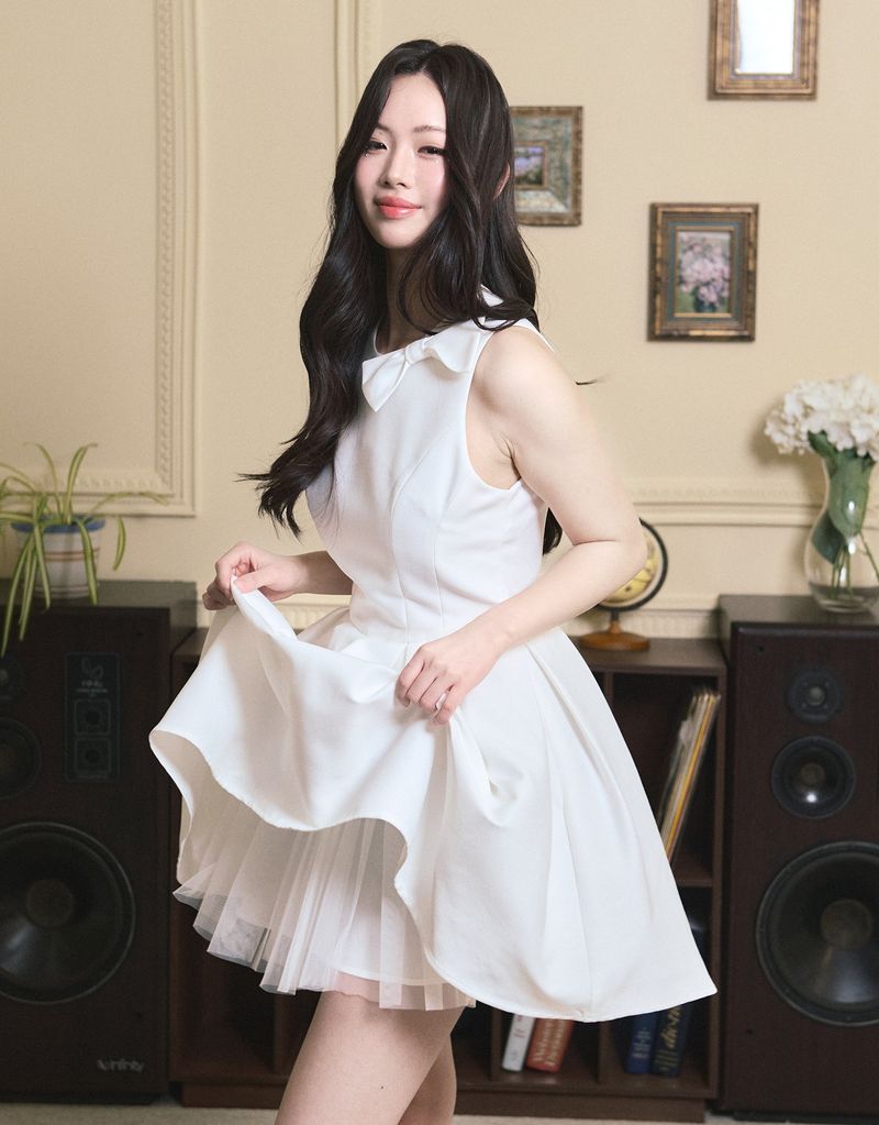 [LADY LINE] オフィーリアリボンポイントスリーブレスショートバルーンドレス ホワイト