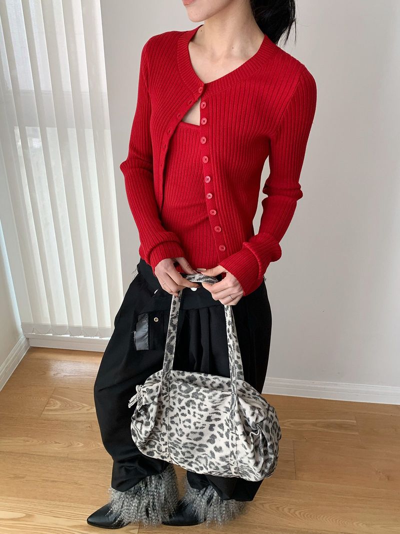 Color Round Neck Ribbed Button Cardigan
