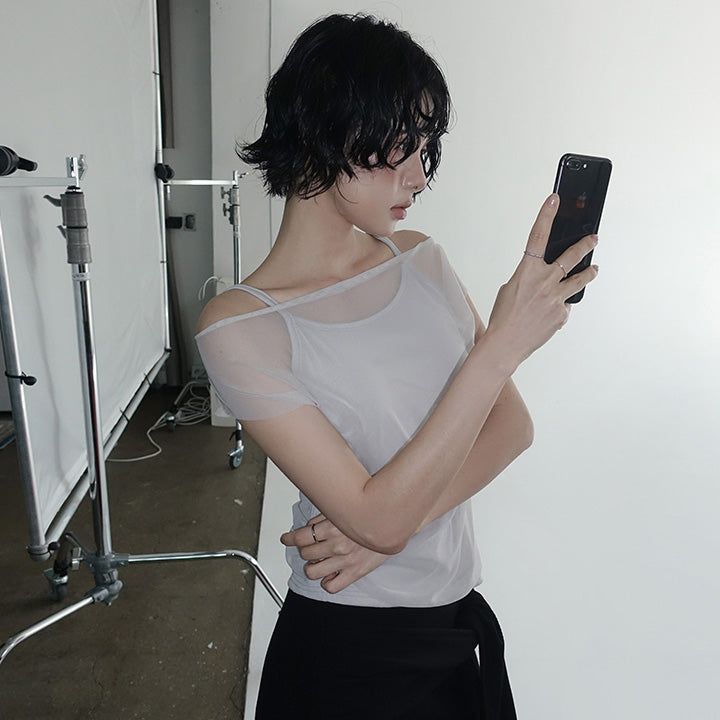 [Encoat] Tank Layered Mesh Cap Sleeve T-Shirt - 3color
