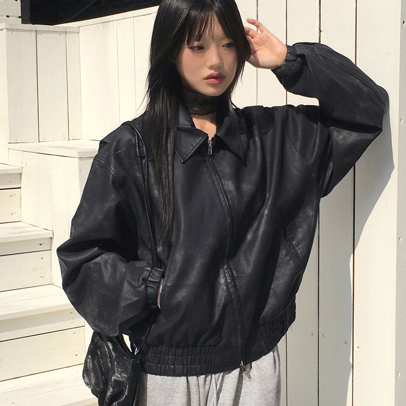 [2 size] Timber Vintage-Washed Leather Jacket