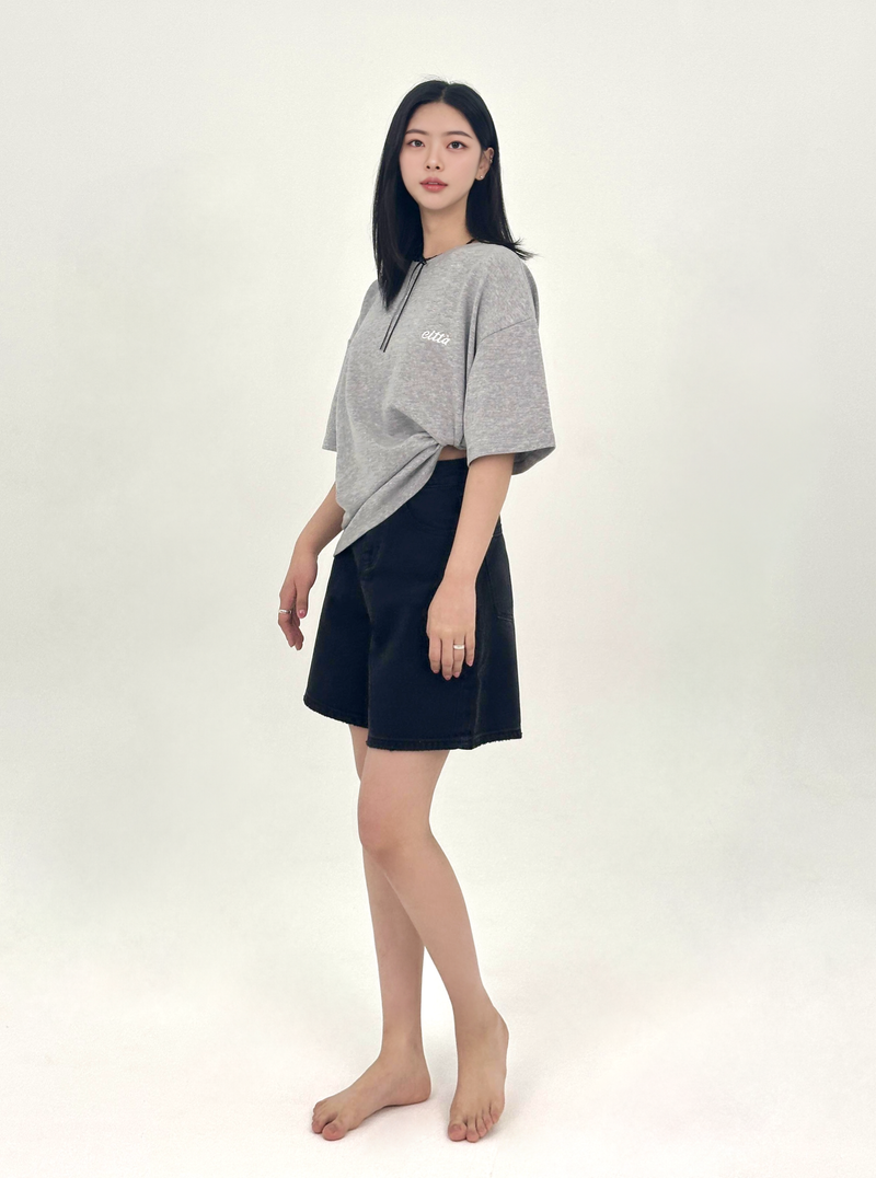  3RD REORDER HIP POCKET EMBROIDERY BLACK DENIM SHORTS LONG VERSION code 25106