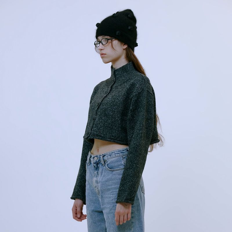 Boucle Turtleneck Cardigan (CHARCOAL)