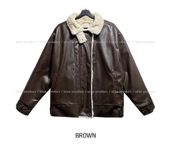 [Mink lining] Catch leather high neck half coat