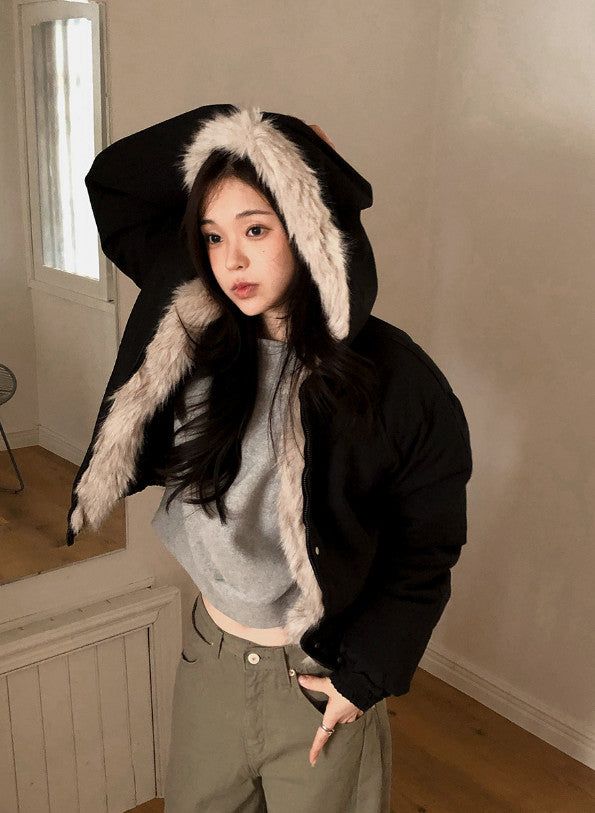 #Fur Hood Crop Zip-up Jumper (2color)