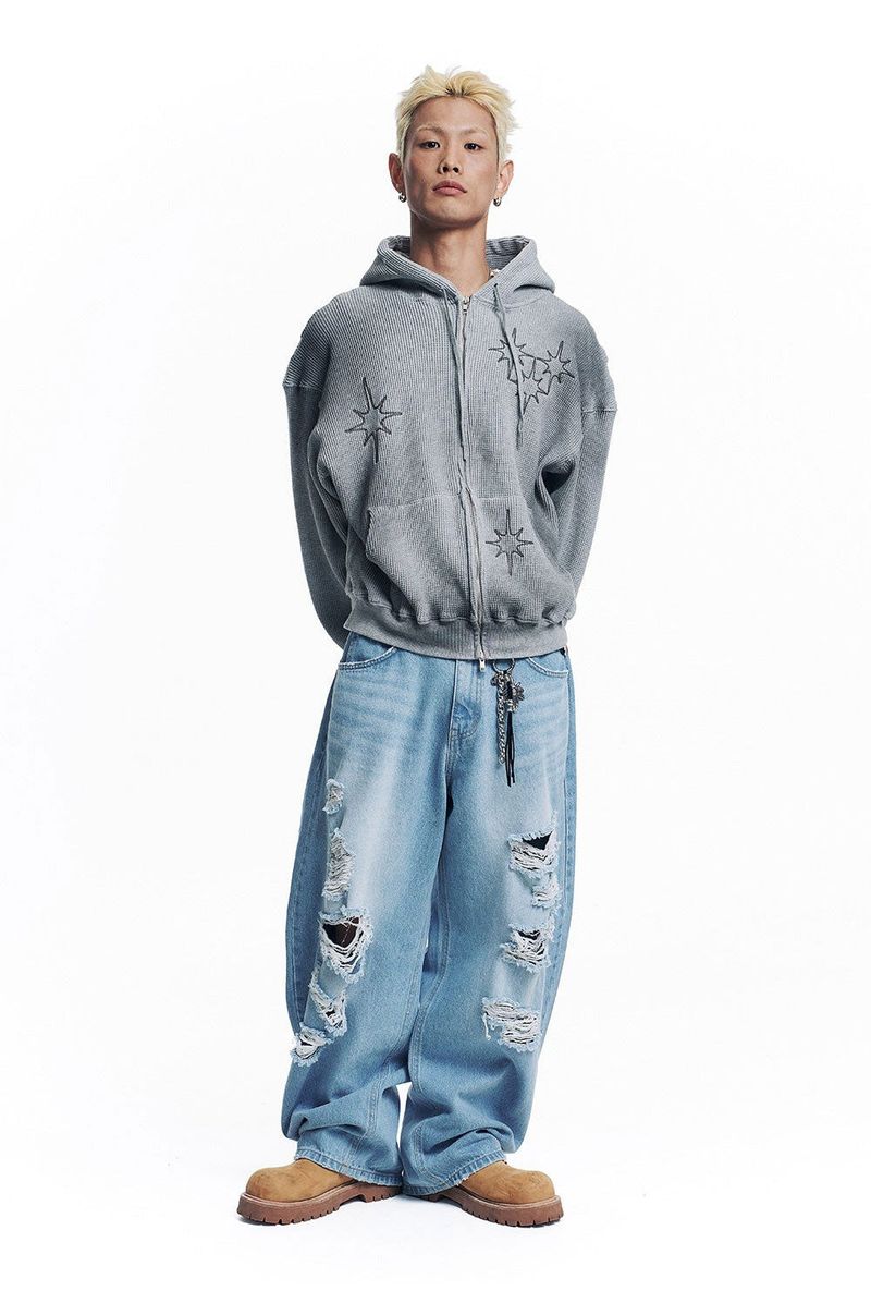 Washed Star Waffle Hooded Zip-Up - Grey