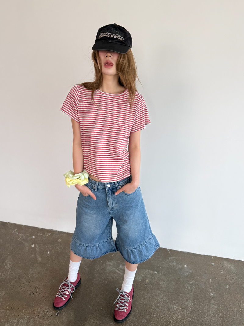 denim frill bermuda pants