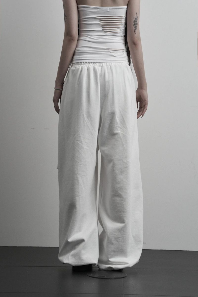 [label] layered tie damage wide pants (white)