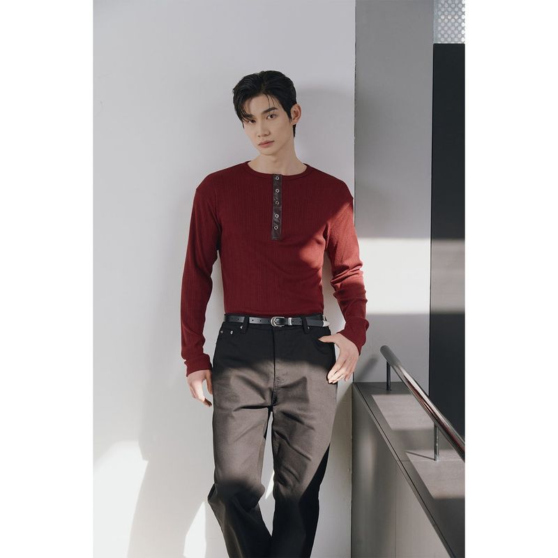 Leather ribbed henry neck long sleeves(Burgundy)