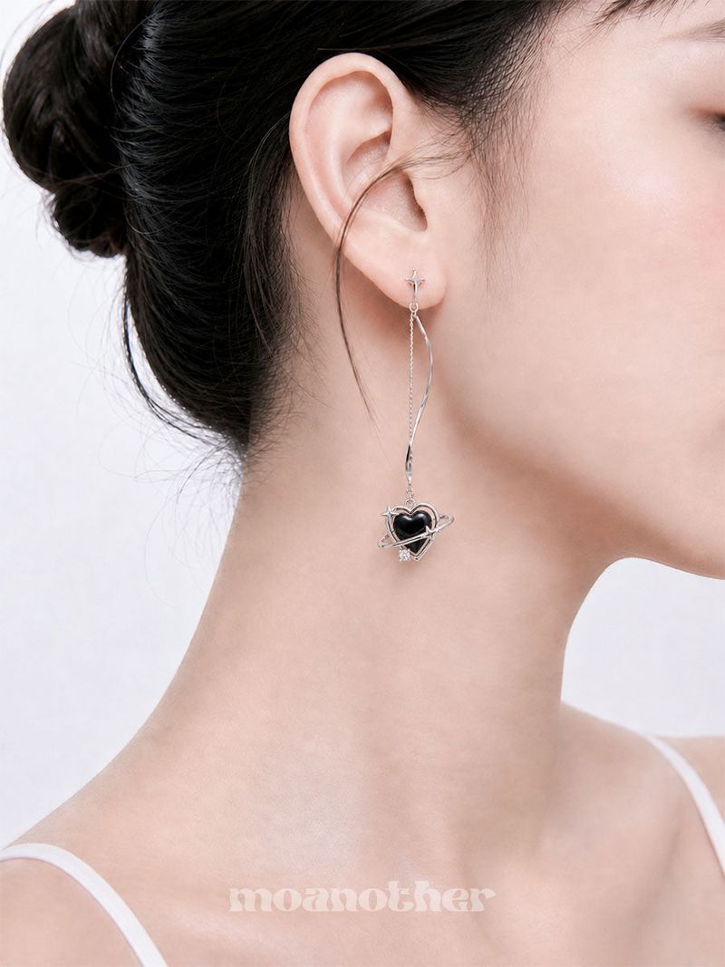 [925 Silver Post] Drop Heart Unbal Earring