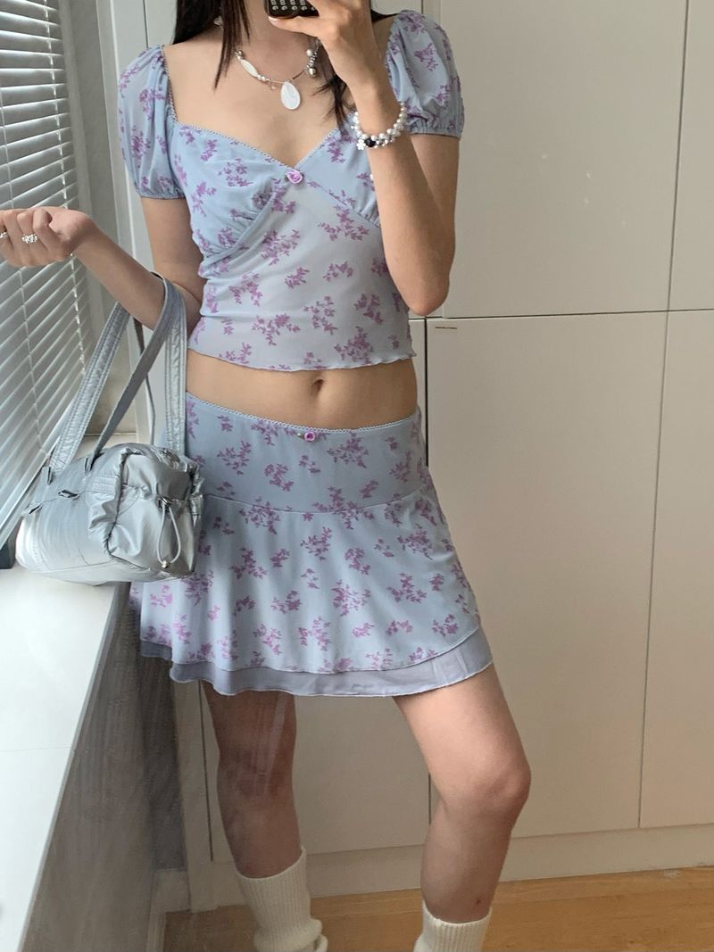 chiffon lavender flower frill skirt