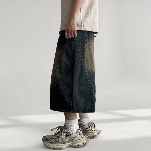 Ment Wash Diagonal Cut Denim Bermuda Pants