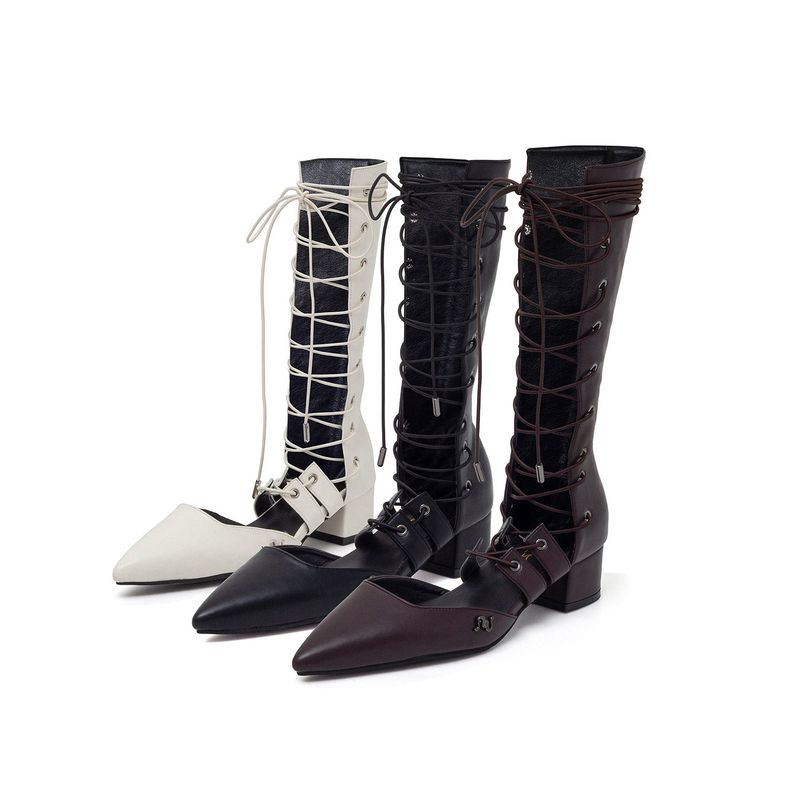 String Lace-Up Under The Knee Boots Heel(Black)
