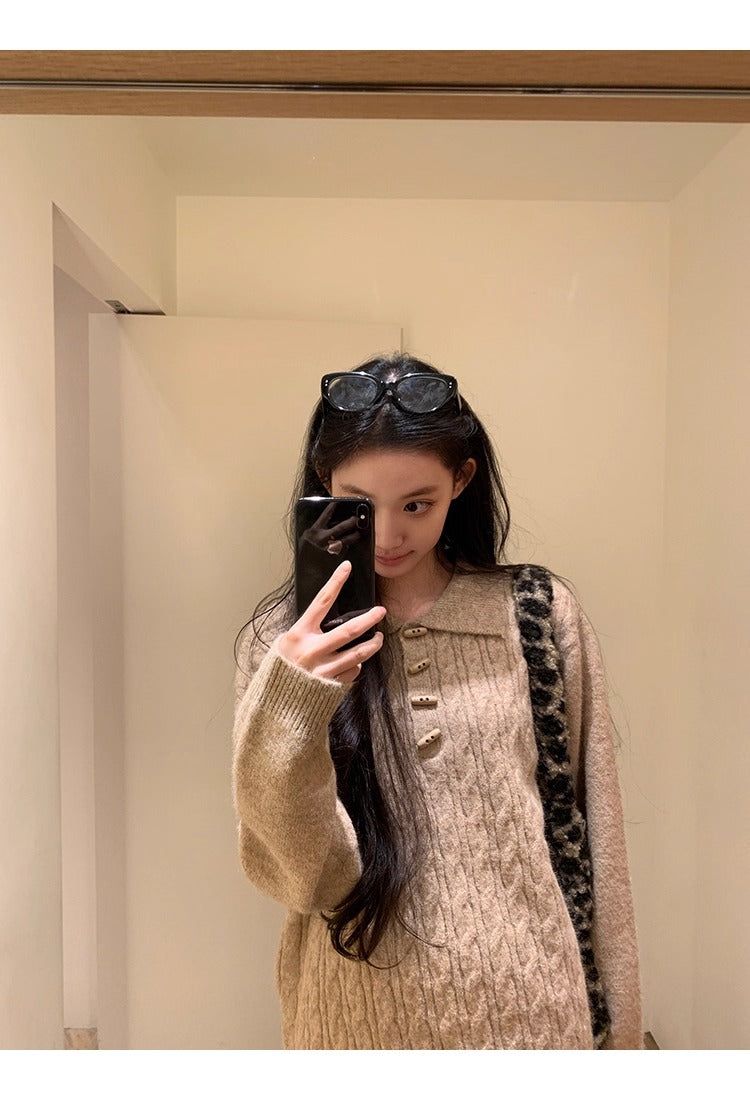 Oatmeal toggle wool twisted knitwear two-piece set