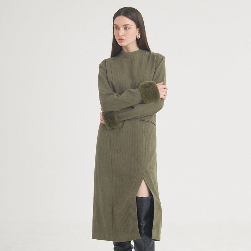 Herringbone Slit Long Dress (Khaki)