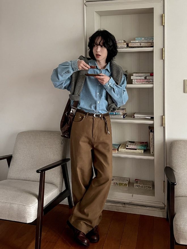 Back Button Wide Cotton Pants