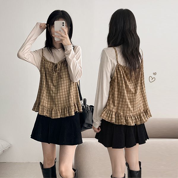 Check Bustier + Long Sleeve T-shirt Set, Bruny Frill Blouse (3 colors)