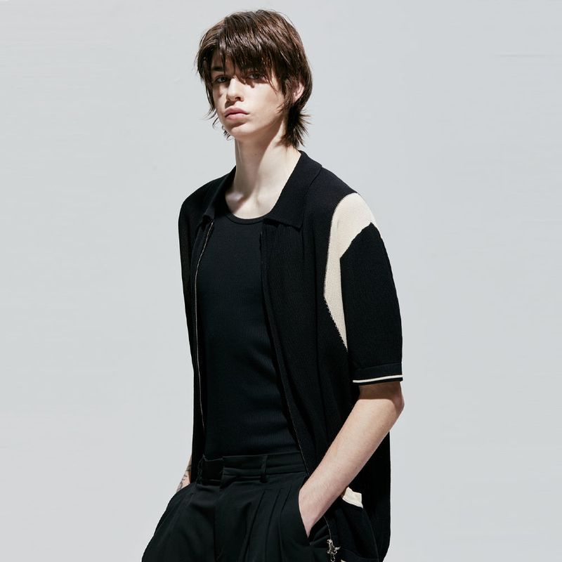 varsity half knit zip-up black