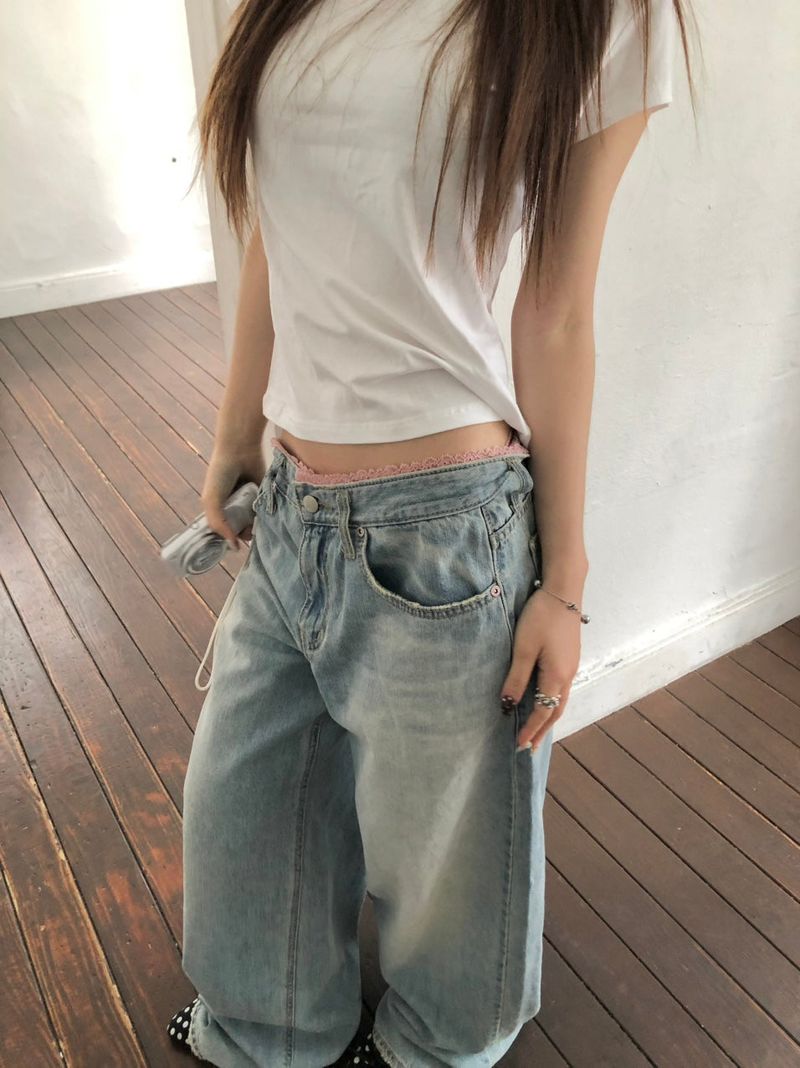 pink lace denim