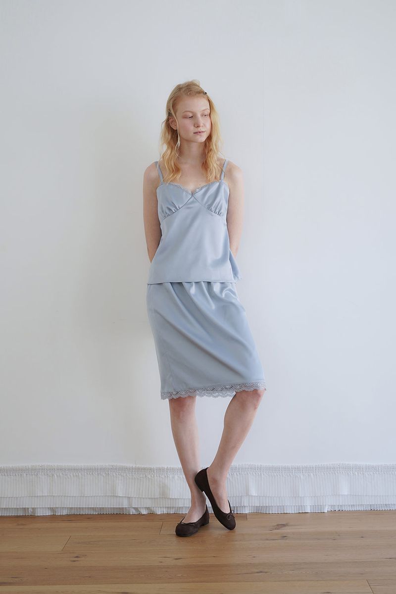 Satin lace top_skyblue