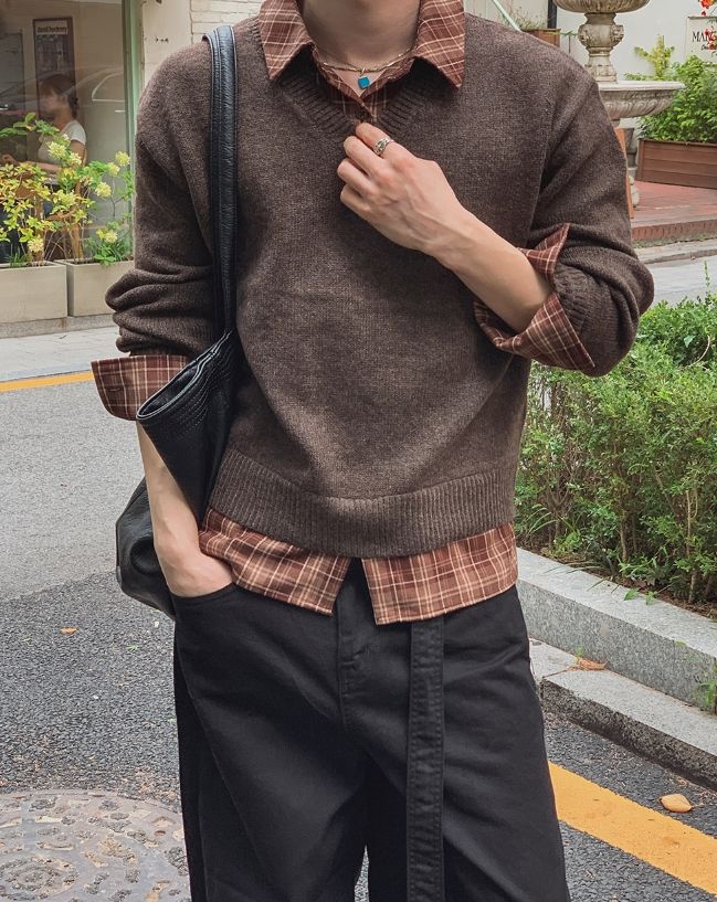ニバン シャツ レイヤード クロップ Vネック ニット