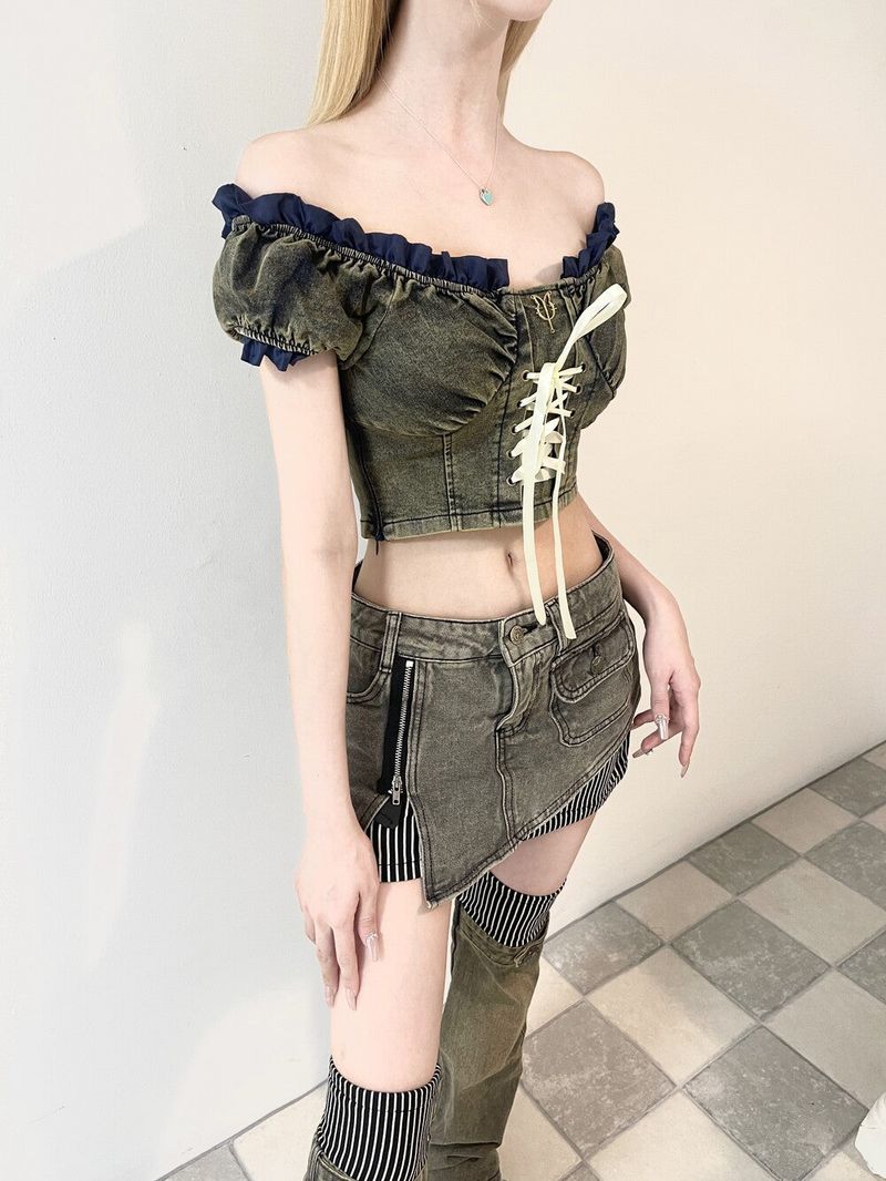 1273. Denim frill corset crop bl