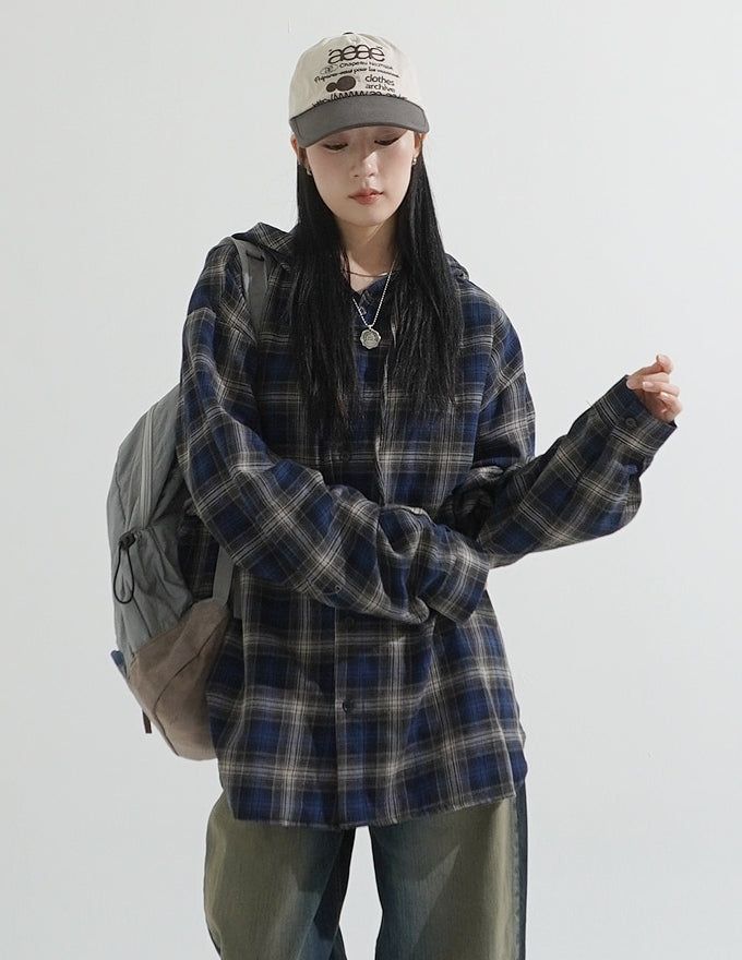 Retro flannel check hood shirt