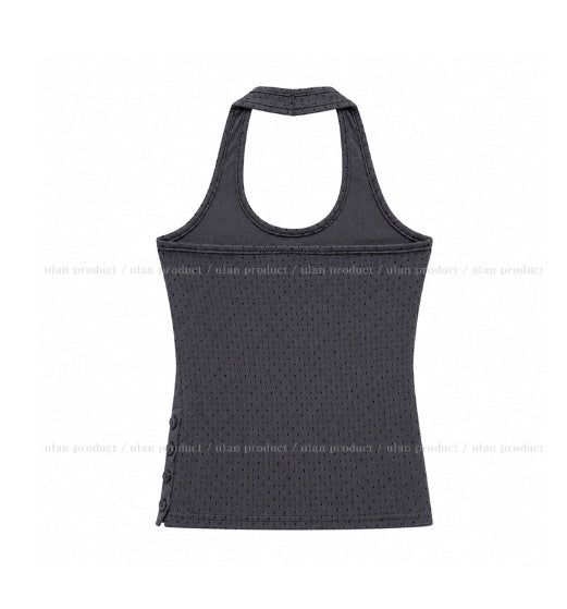 Mints Mother-of-Pearl Button Dot Halter Sleeveless Top