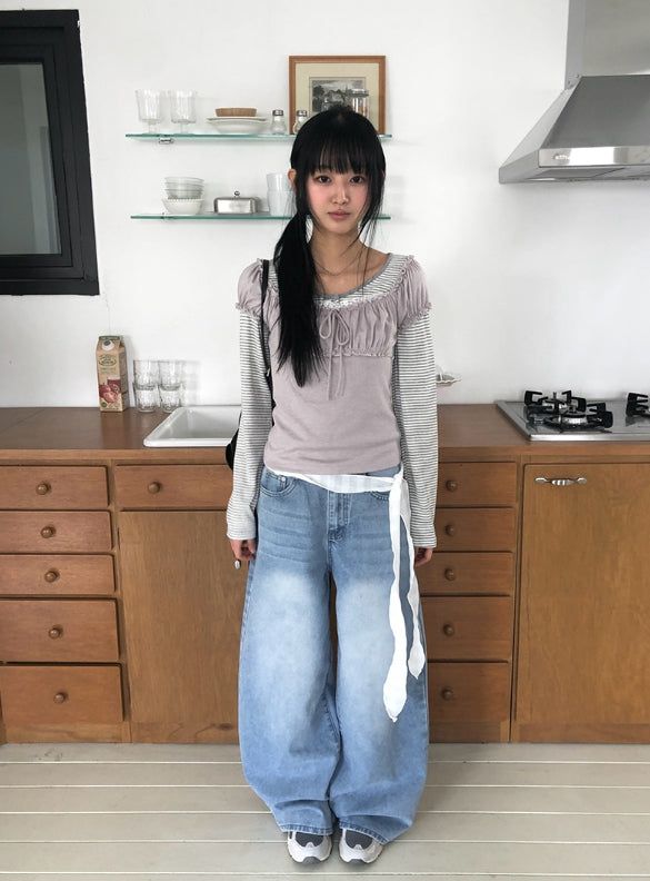 デトシャーリングハートネックレースリボン半袖Tシャツ