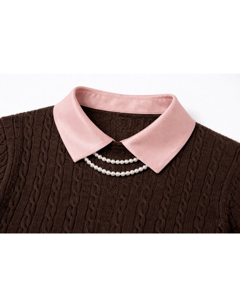 Elodie Pearl Collar Cable Short Sleeve Knit Top Brown