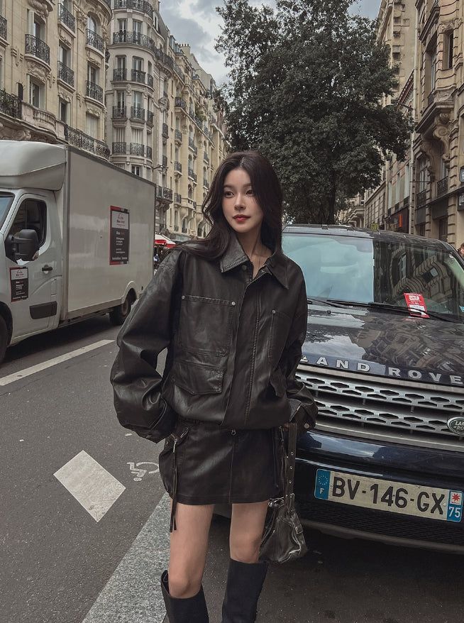 Teen vintage puffer work leather jacket