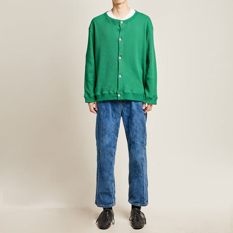 DAMP ROUND-NECK WAFFLE CARDIGAN_GREEN