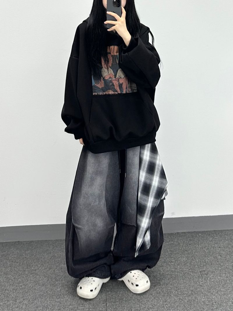 チェックレイヤーデニムパンツ