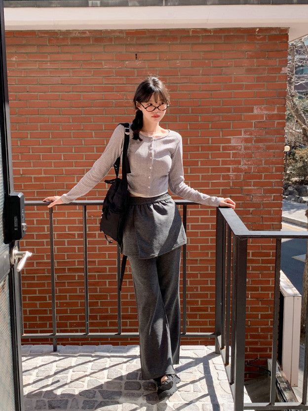 Side Shirring T-shirt Layered Rib Cardigan (3color)