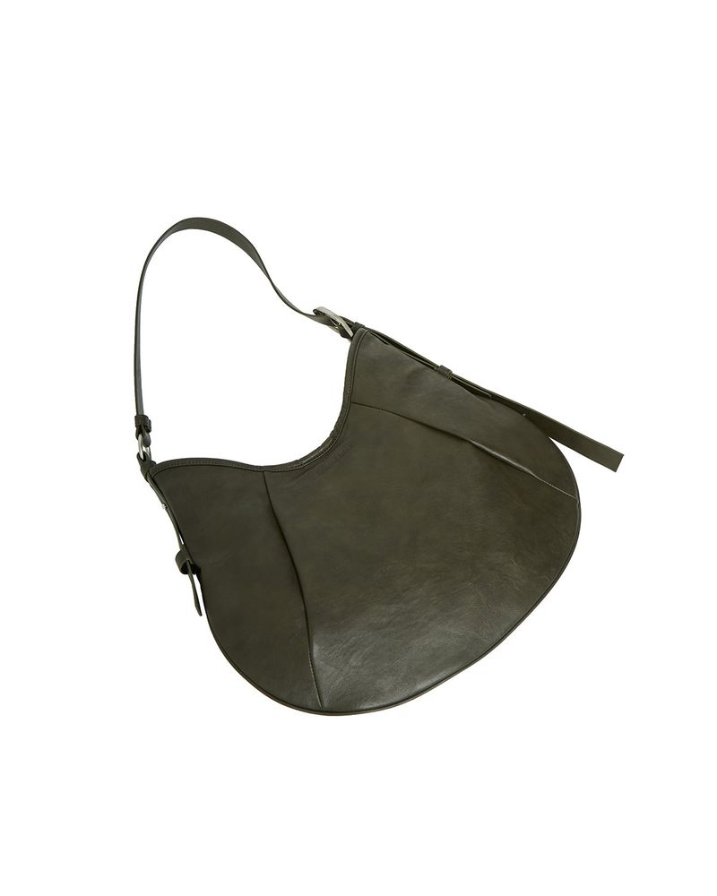 IUGAMAKARAS（イウガマカラス）の「H-Buckle Soft Leather Dumpling Bag (khaki)（Bags）」