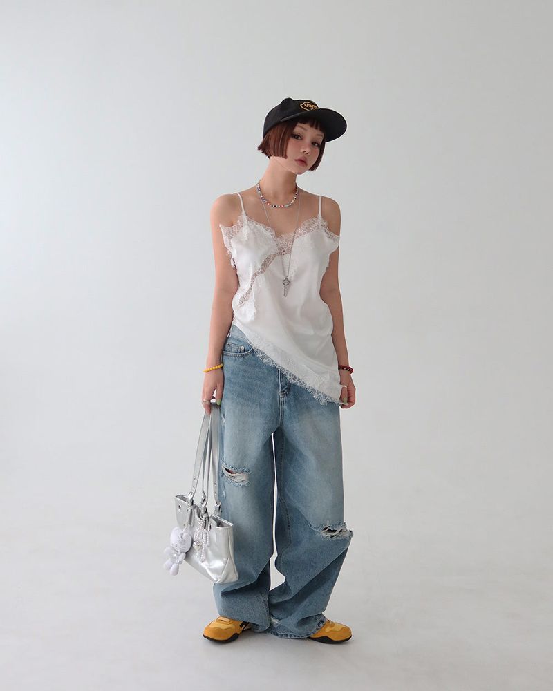 Roll-up collar vintage cutting wide denim
