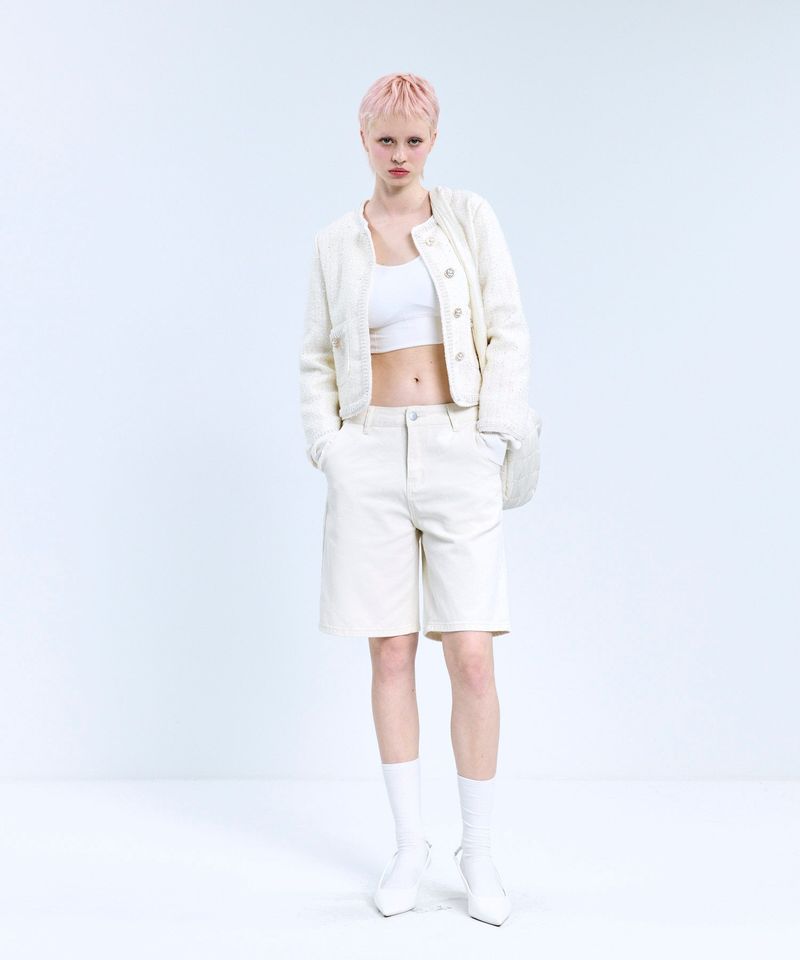 vivabrown（ビバブラウン）の「85-VIVAJ049 Line Beads Crop Tweed Jacket White（Jackets/Outerwear）」