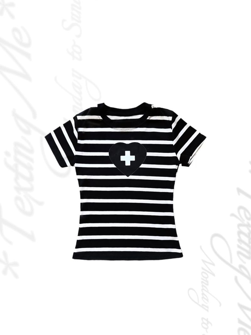 Y2K Heart Cross Striped Tee - Slim Fit Cute Top