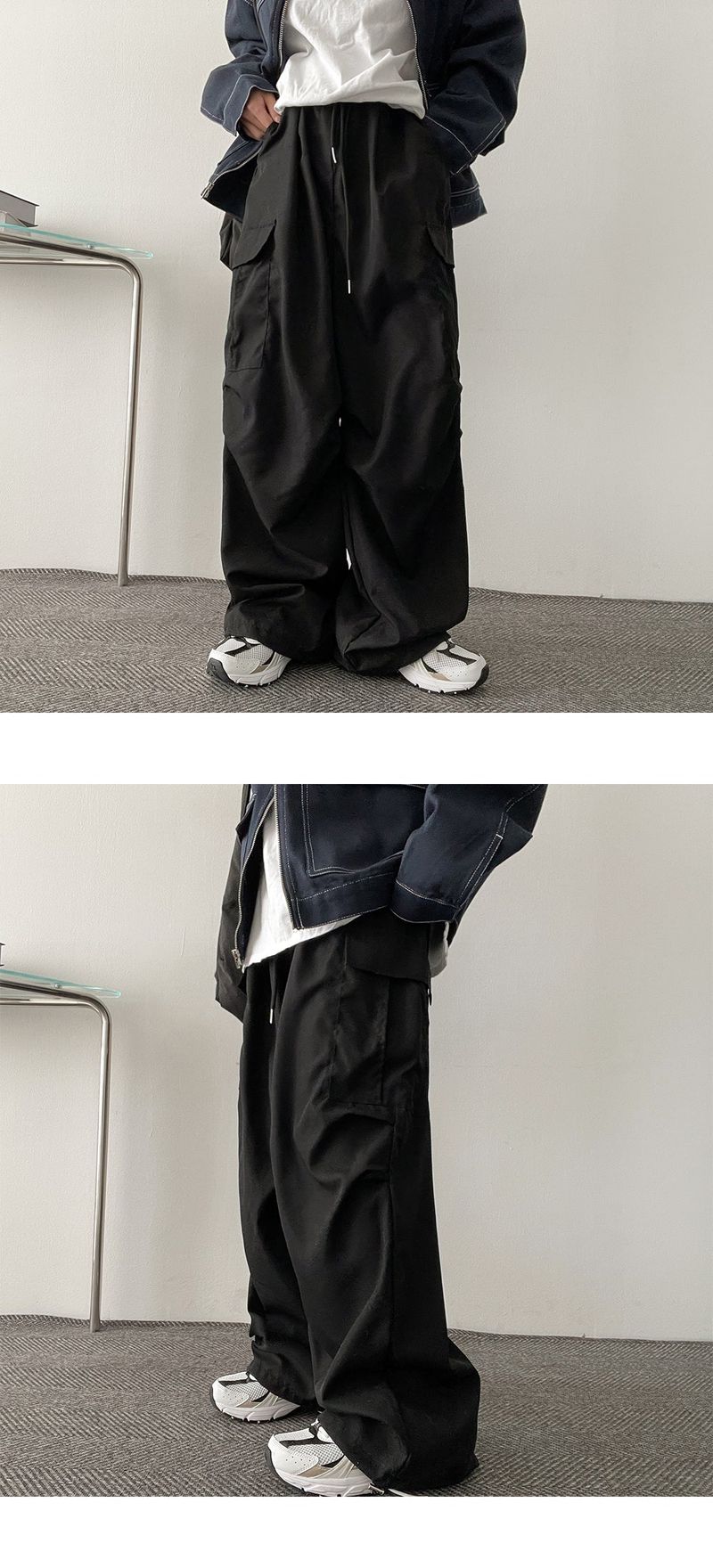 Bicol String Pleated Cargo Wide Pants