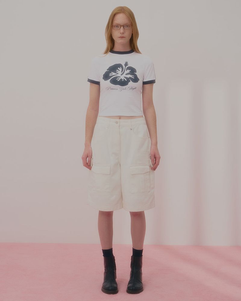 ALOHA FLOWER RINGER CROP TSHIRT-WHITE