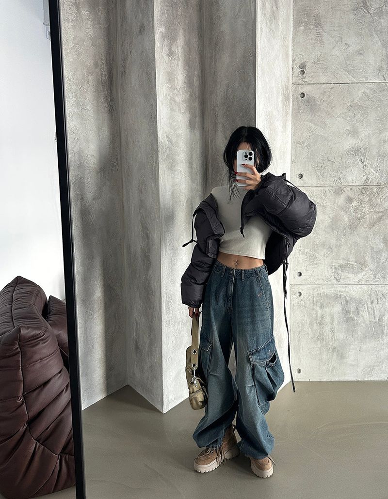 reversible duck down double-sided crop padded coat