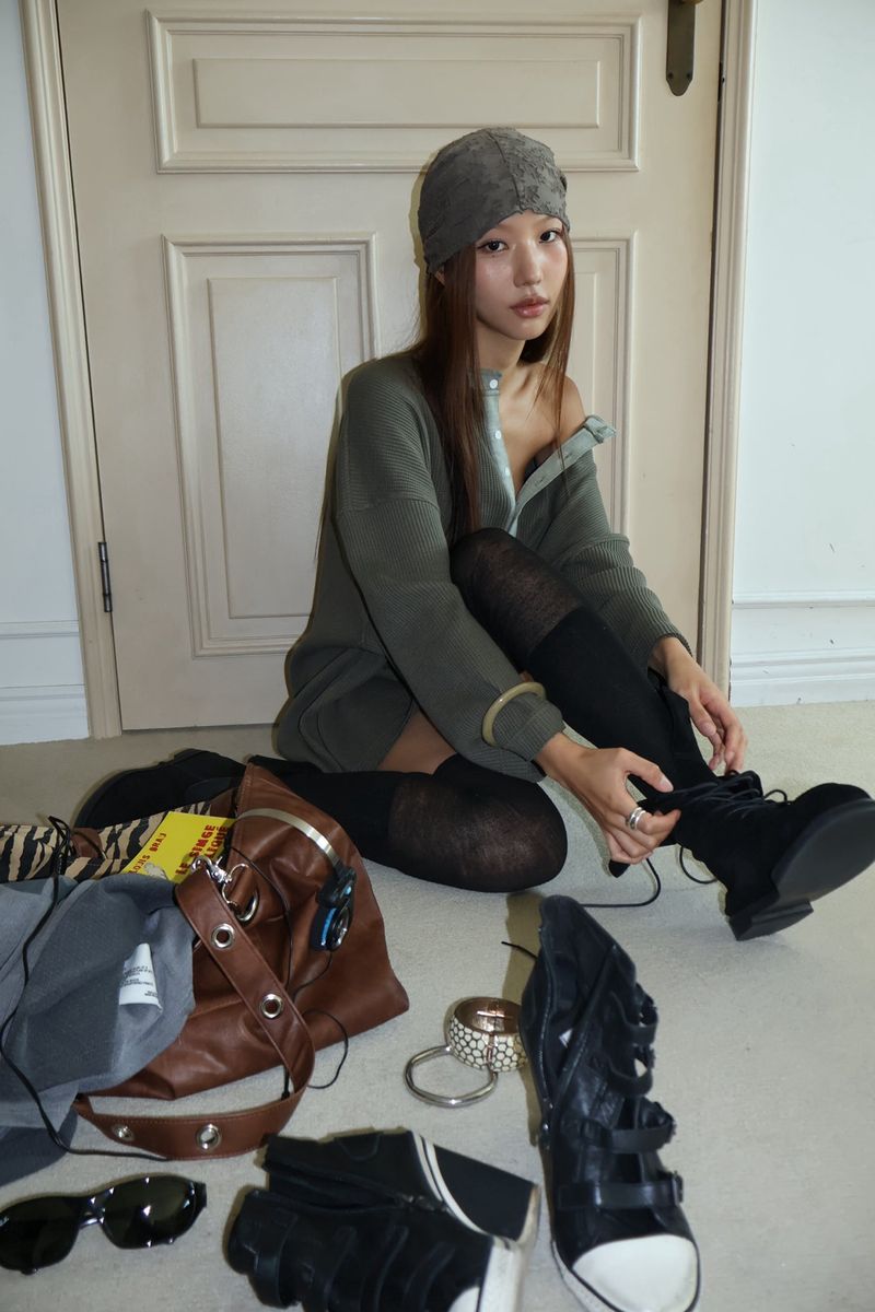 WAFFLE LONG-SLEEVE TOP – KHAKI 
