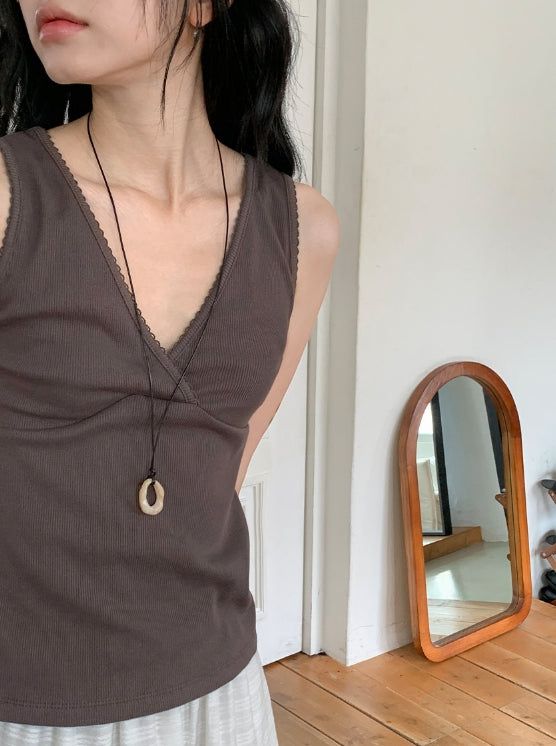 Ichi Deep V-Neck Lace Ribbed Wrap Sleeveless