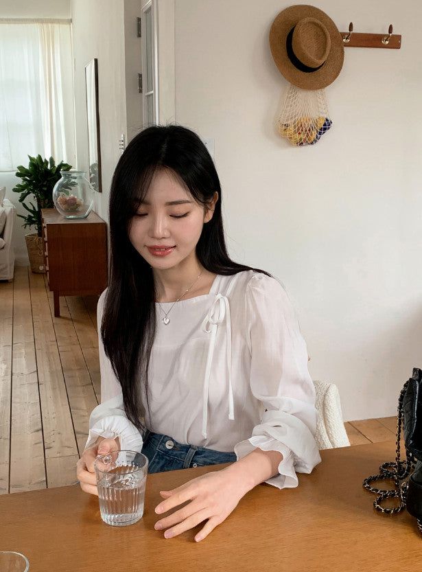 Silky Square Ribbon Frill Blouse (3color)