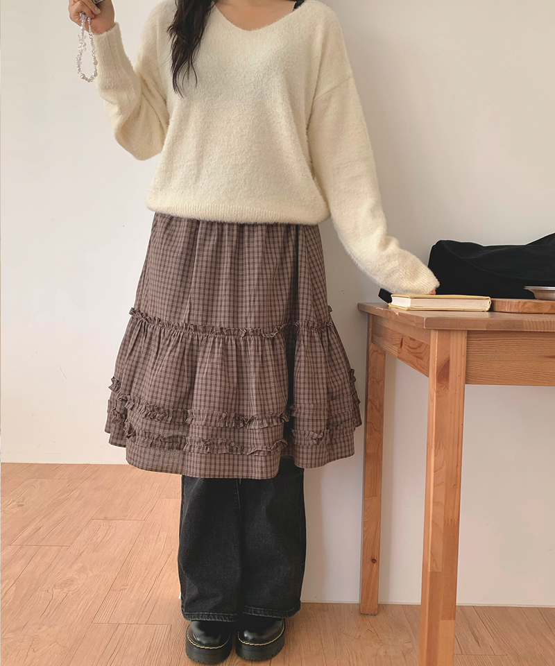 Luen midi checkered skirt Fall layered frill soft fit