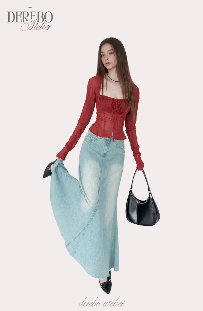 red square chiffon long-sleeve blouse