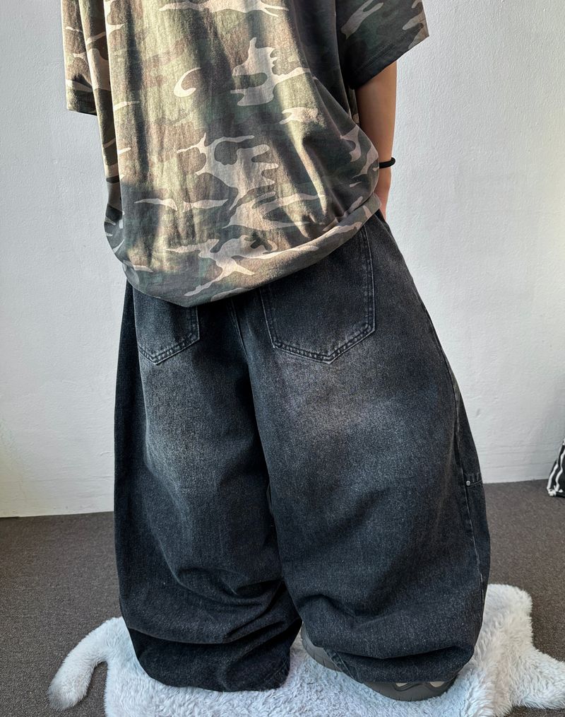 Devil Rivet Elastic Waist Balloon Denim Pants 2color