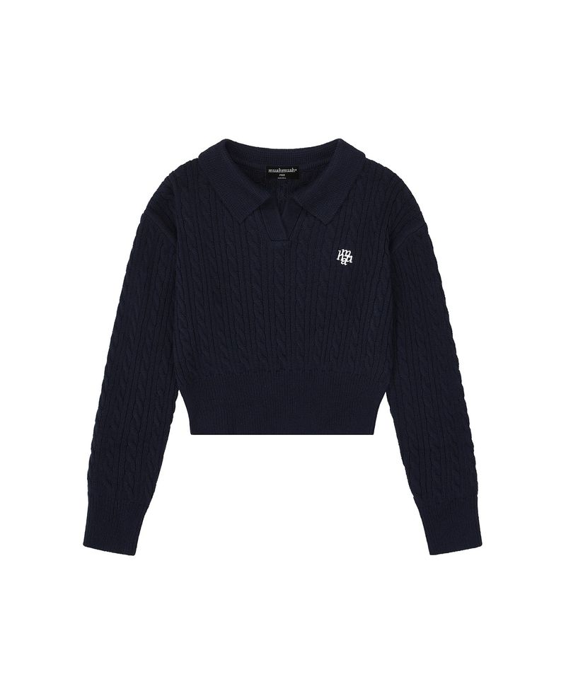 LOGO OPEN COLLAR CABLE KNIT