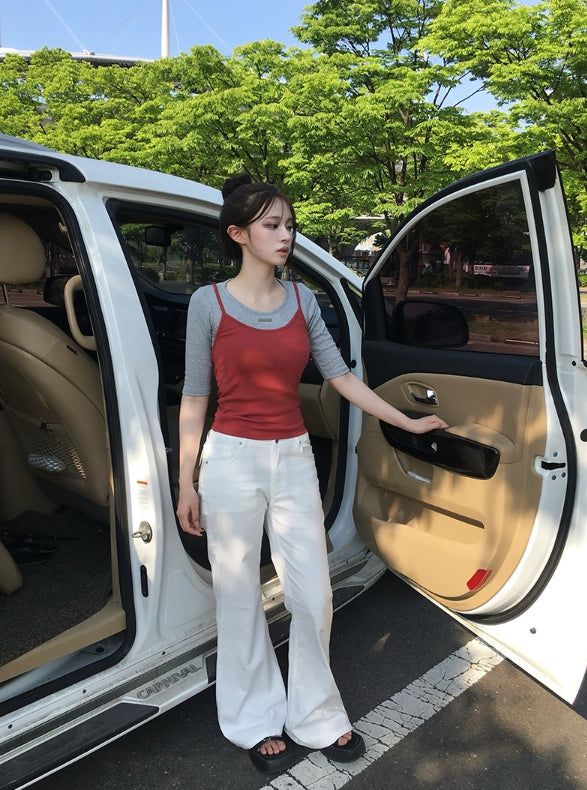 トゥーン Uネック リブ スリムノースリーブ